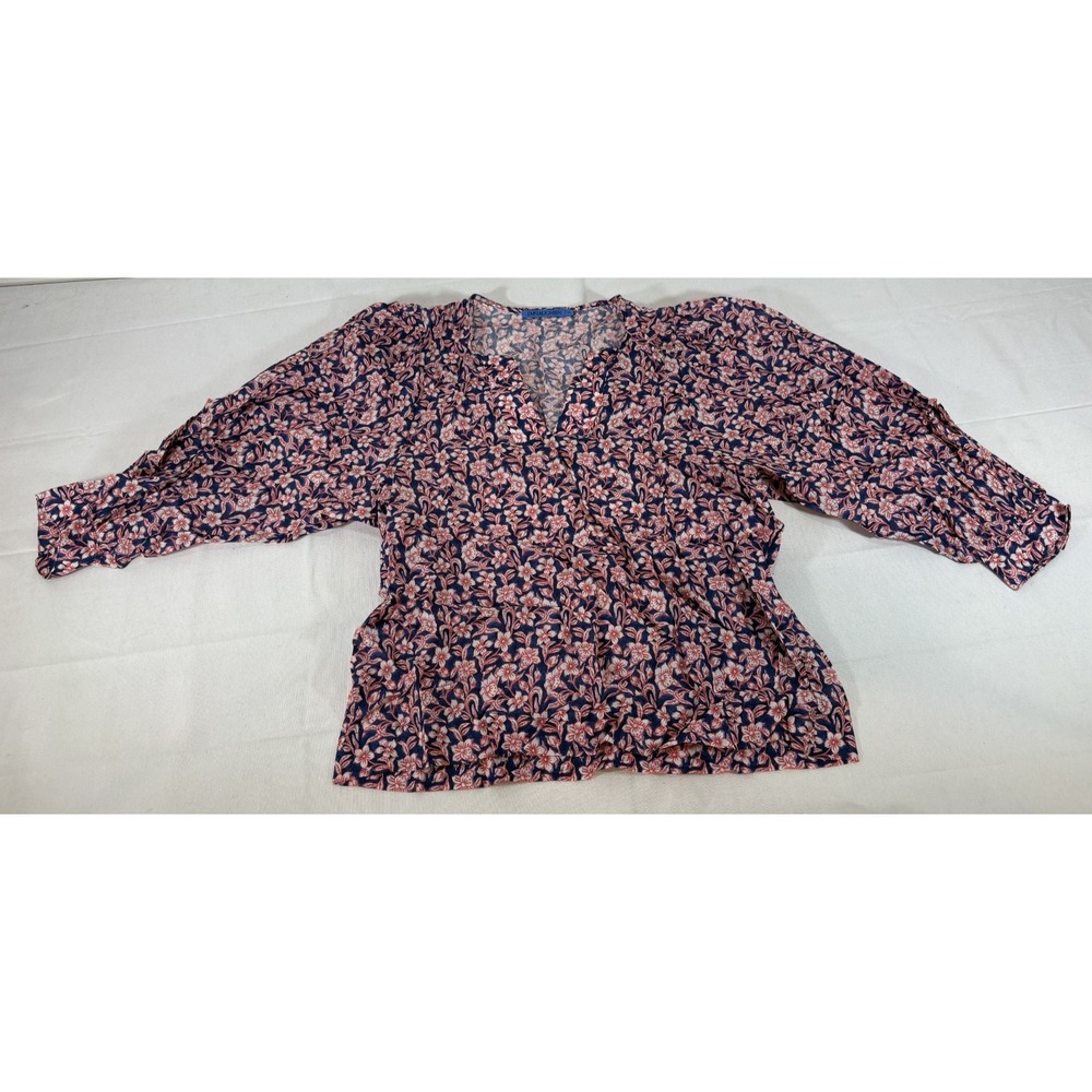 J. Mclaughlin Size XS Navy Red Mini Botanica Floral Georgette Blouse Coastal Top